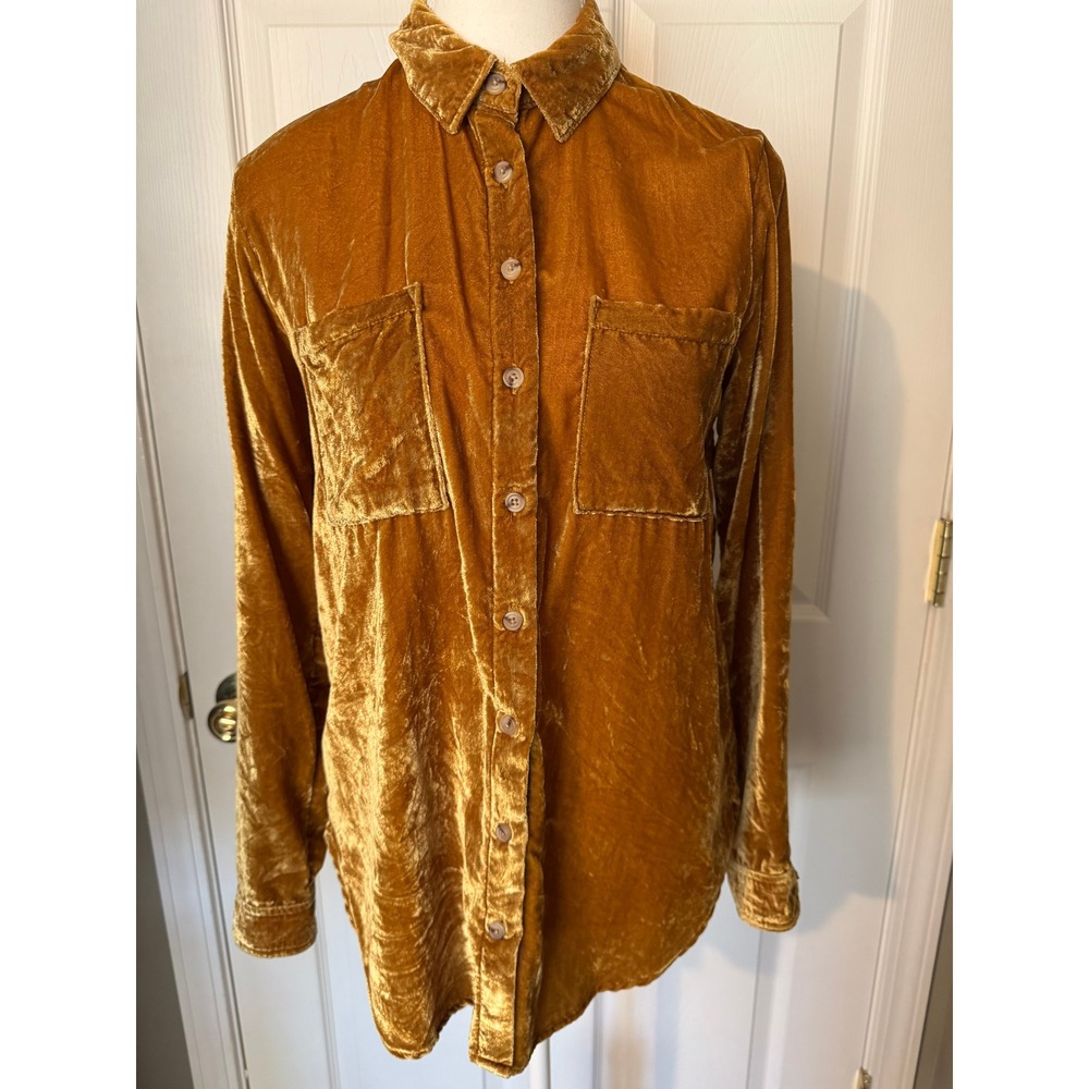 Pilcro Anthropologie Relaxed Velvet Button Down Shirt Gold Mustard Boho TopXS